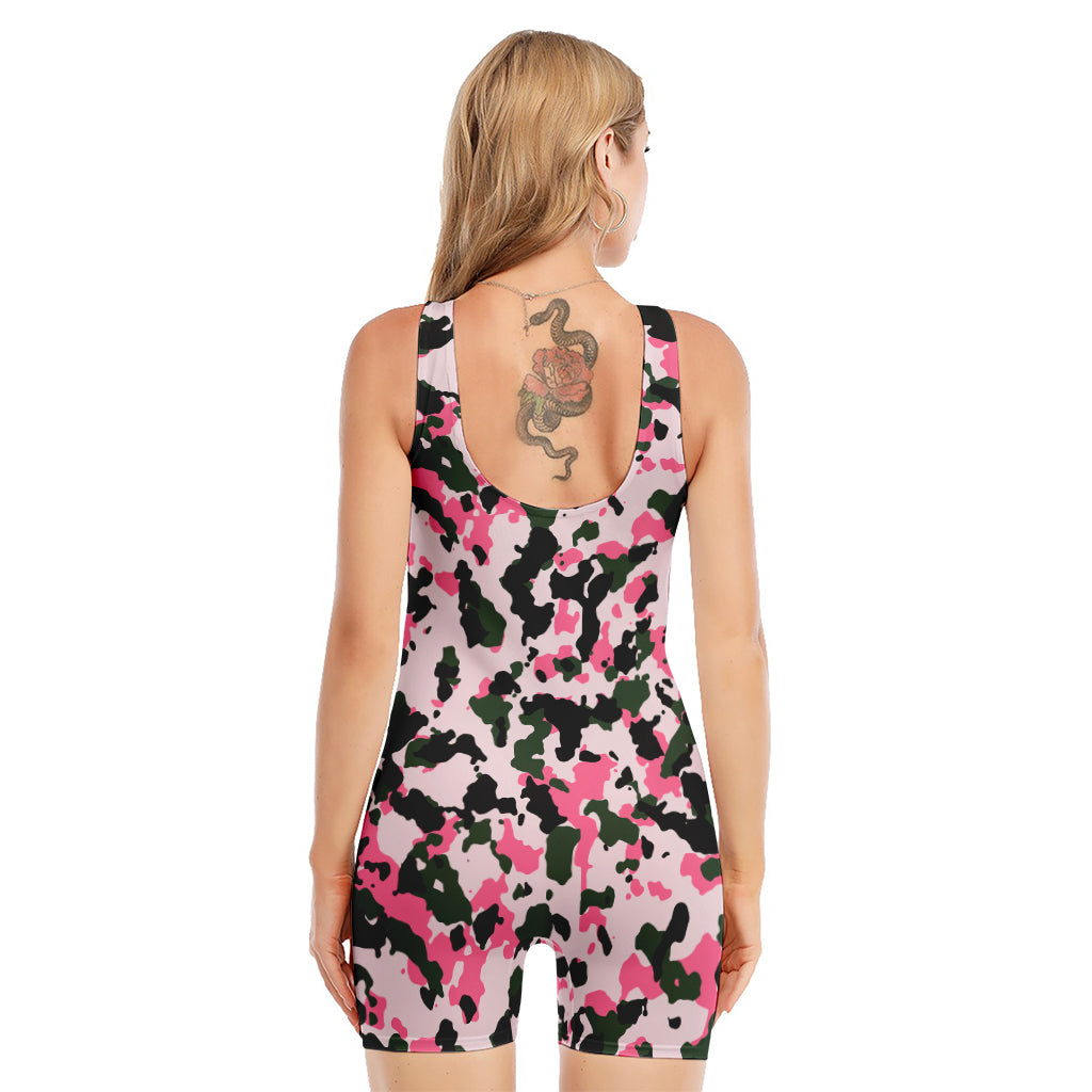 Pink Green And Black Camouflage Print Sleeveless One Piece Swimsuit