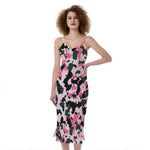 Pink Green And Black Camouflage Print Slim Fit Midi Cami Dress