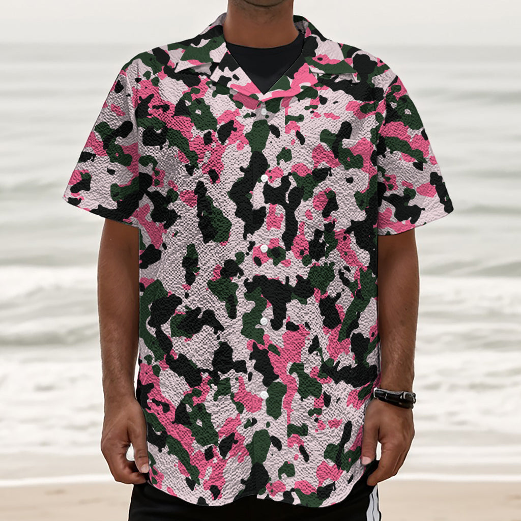 Pink Green And Black Camouflage Print Textured Short Sleeve Shirt