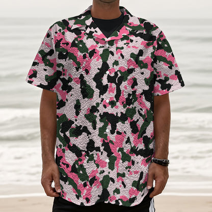 Pink Green And Black Camouflage Print Textured Short Sleeve Shirt
