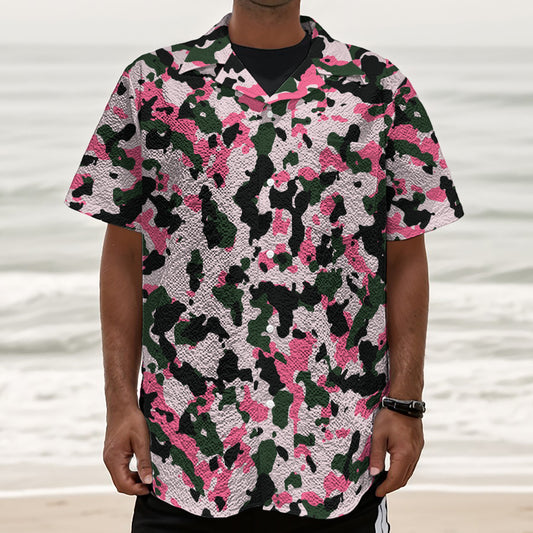 Pink Green And Black Camouflage Print Textured Short Sleeve Shirt