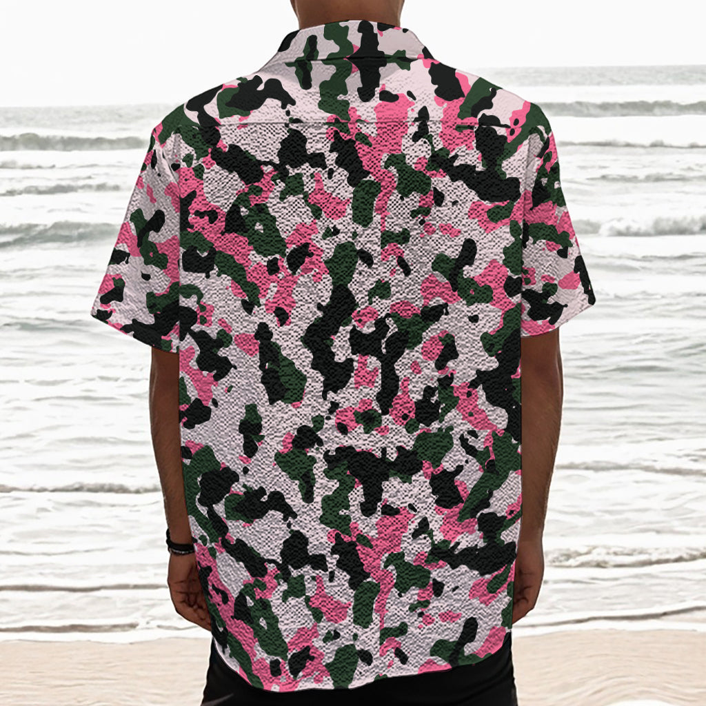 Pink Green And Black Camouflage Print Textured Short Sleeve Shirt