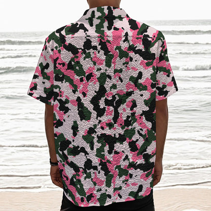 Pink Green And Black Camouflage Print Textured Short Sleeve Shirt