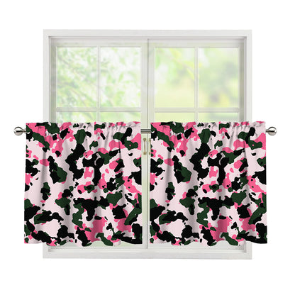 Pink Green And Black Camouflage Print Tier Curtains