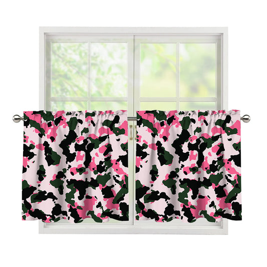 Pink Green And Black Camouflage Print Tier Curtains