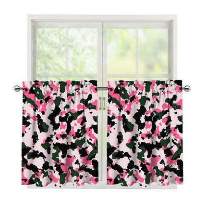 Pink Green And Black Camouflage Print Tier Curtains