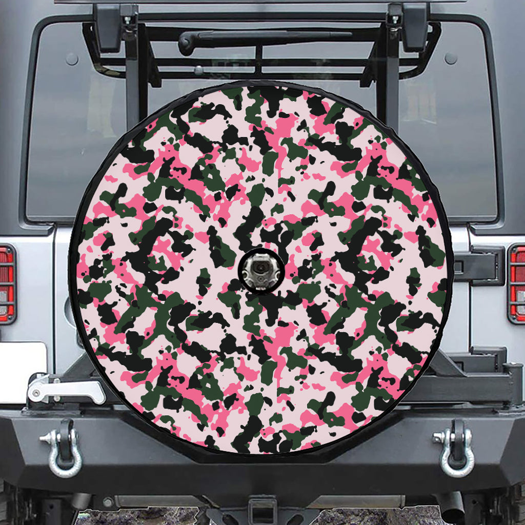 Pink Green And Black Camouflage Print Tire Cover With Camera Hole