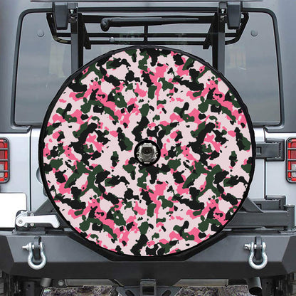 Pink Green And Black Camouflage Print Tire Cover With Camera Hole