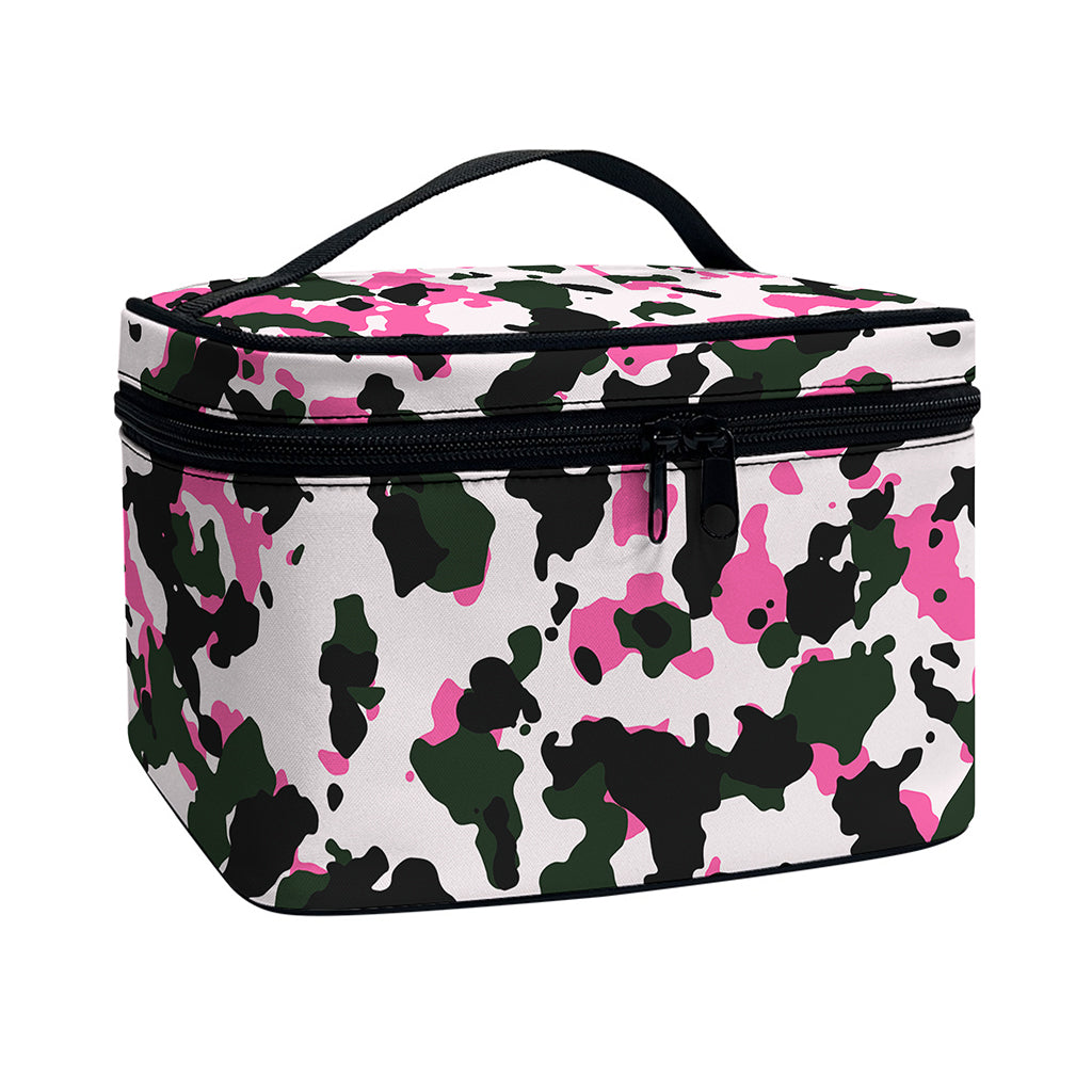 Pink Green And Black Camouflage Print Travel Makeup Bag
