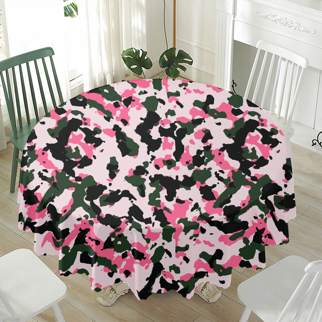 Pink Green And Black Camouflage Print Waterproof Round Tablecloth