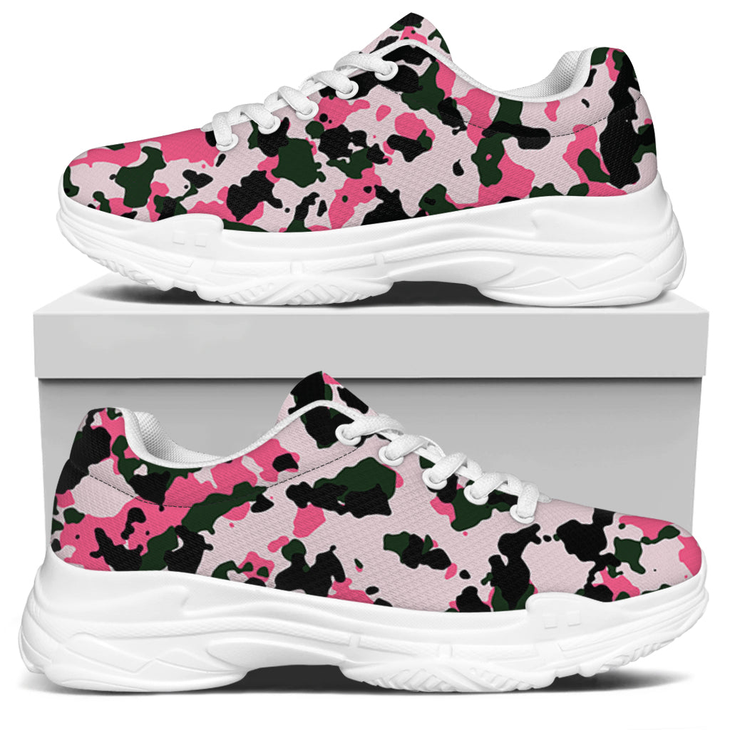 Pink Green And Black Camouflage Print White Chunky Shoes