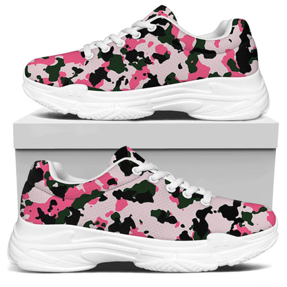 Pink Green And Black Camouflage Print White Chunky Shoes