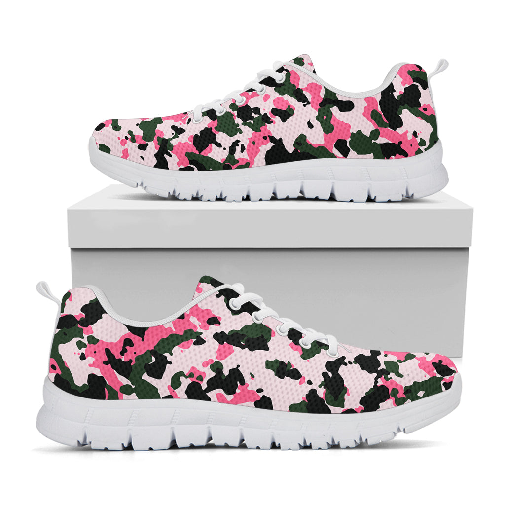Pink Green And Black Camouflage Print White Running Shoes