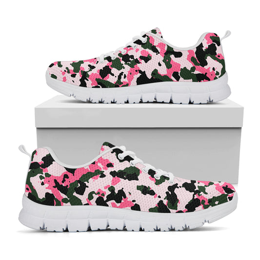Pink Green And Black Camouflage Print White Running Shoes