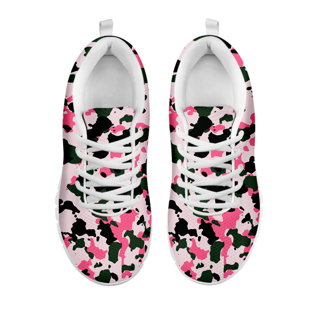 Pink Green And Black Camouflage Print White Running Shoes