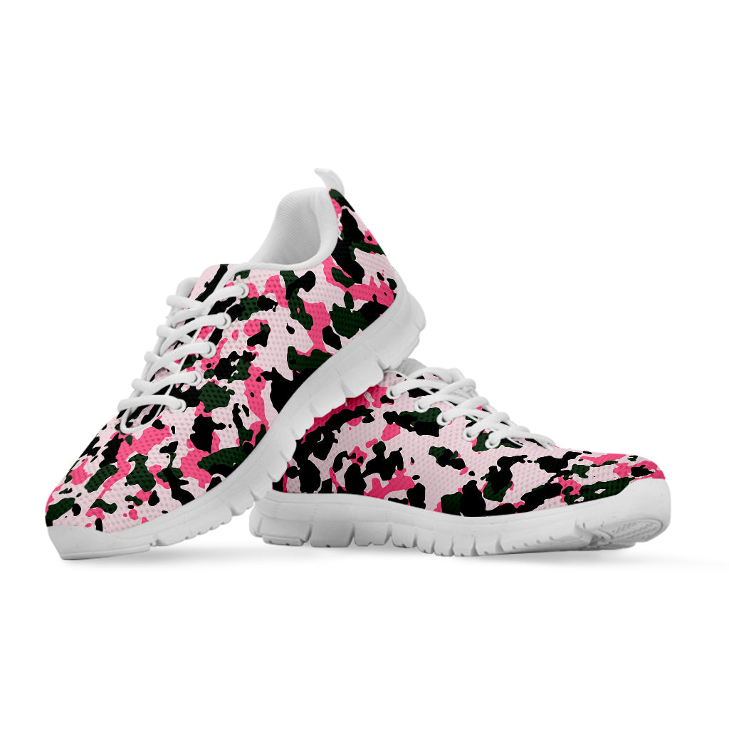 Pink Green And Black Camouflage Print White Running Shoes