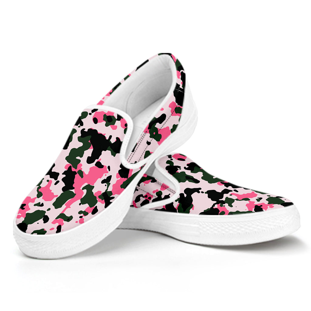 Pink Green And Black Camouflage Print White Slip On Sneakers