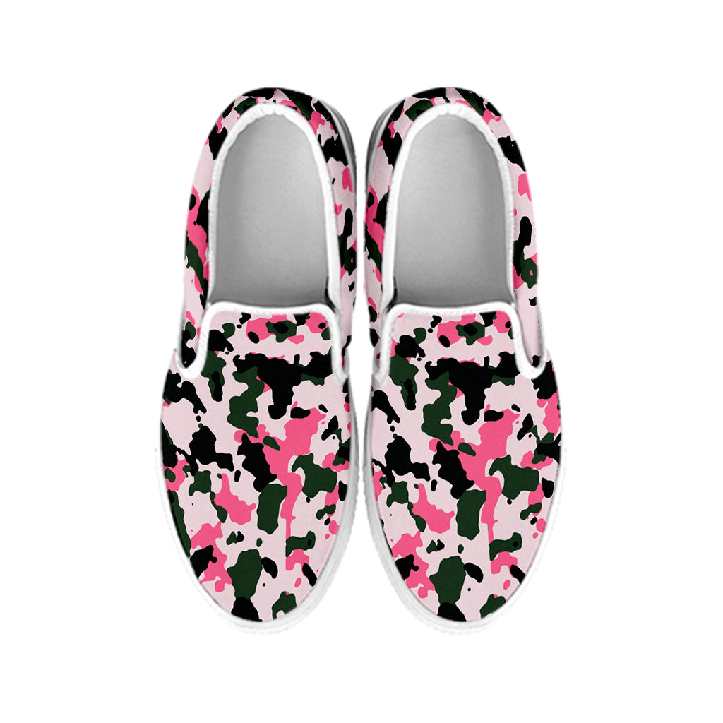 Pink Green And Black Camouflage Print White Slip On Sneakers