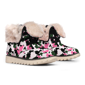 Pink Green And Black Camouflage Print Winter Boots