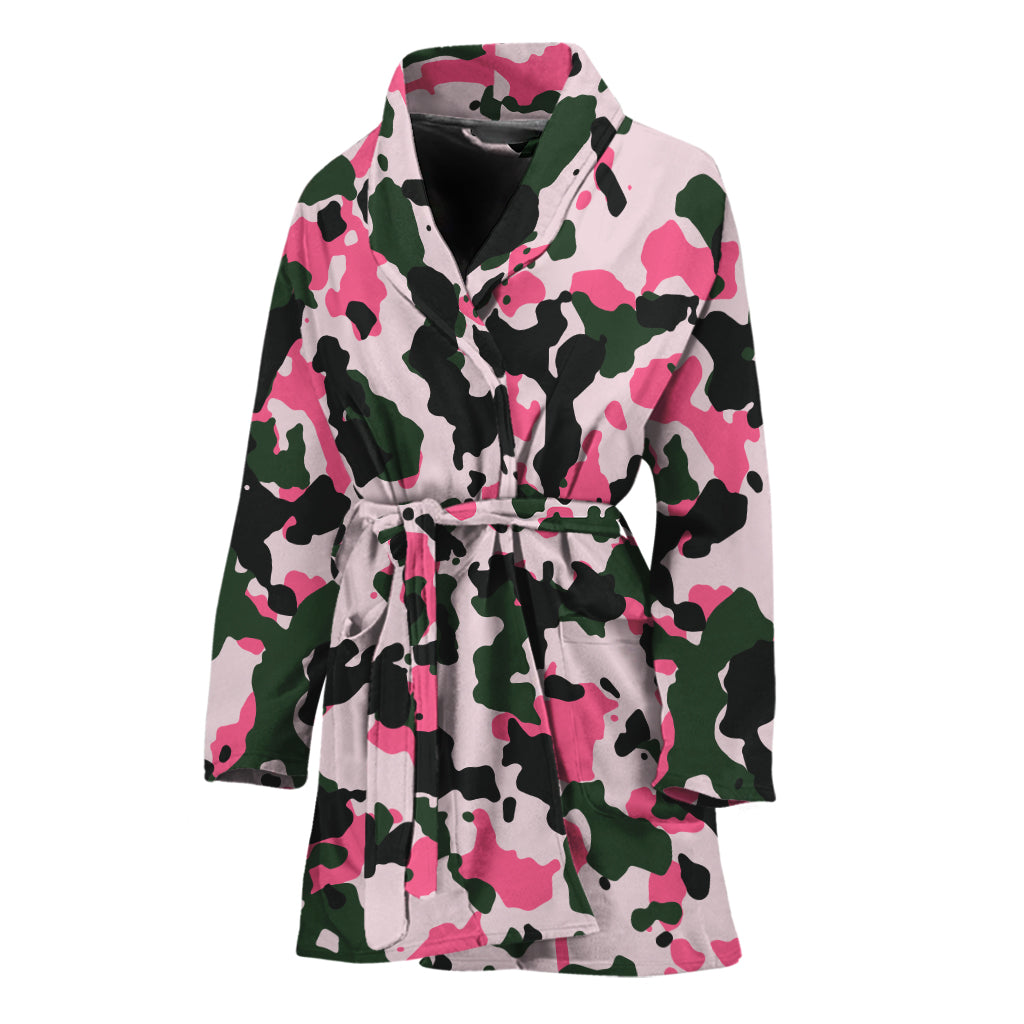 Pink Green And Black Camouflage Print Women's Bathrobe