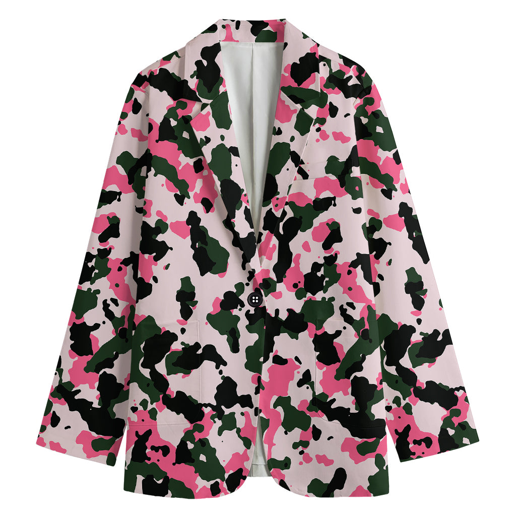 Pink Green And Black Camouflage Print Women's Blazer