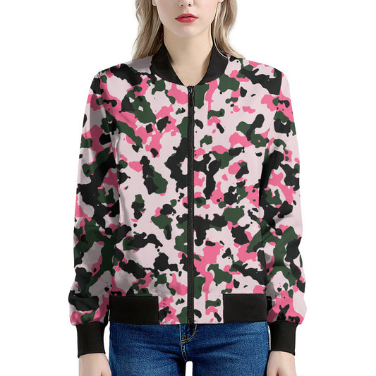 Pink Green And Black Camouflage Print Women's Bomber Jacket