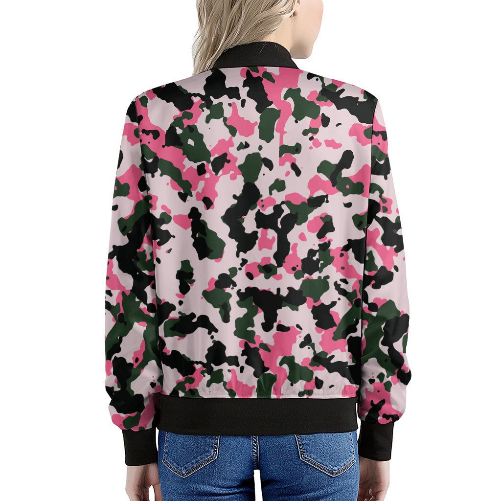 Pink Green And Black Camouflage Print Women's Bomber Jacket