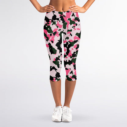 Pink Green And Black Camouflage Print Women's Capri Leggings
