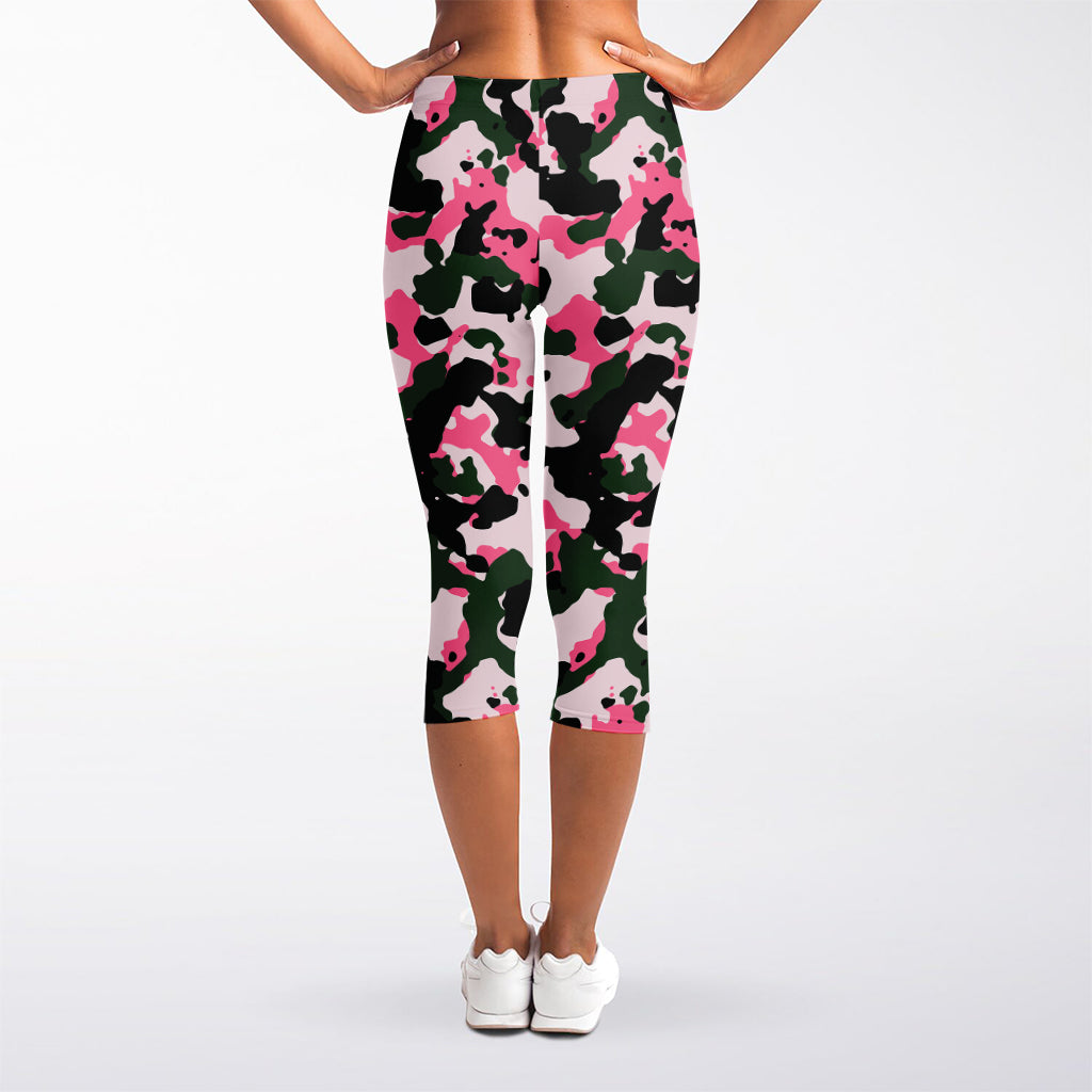 Pink Green And Black Camouflage Print Women's Capri Leggings