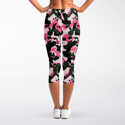 Pink Green And Black Camouflage Print Women's Capri Leggings