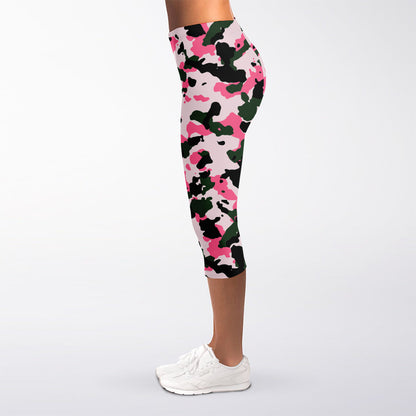 Pink Green And Black Camouflage Print Women's Capri Leggings