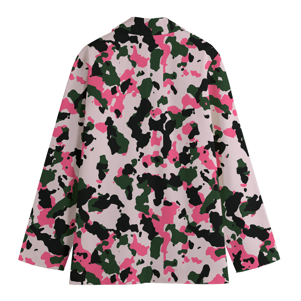 Pink Green And Black Camouflage Print Women's Cotton Blazer