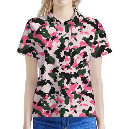 Pink Green And Black Camouflage Print Women's Polo Shirt