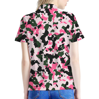Pink Green And Black Camouflage Print Women's Polo Shirt