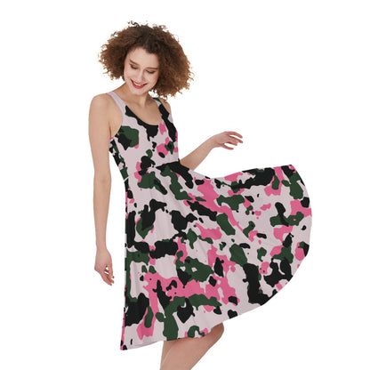 Pink Green And Black Camouflage Print Women's Sleeveless Dress