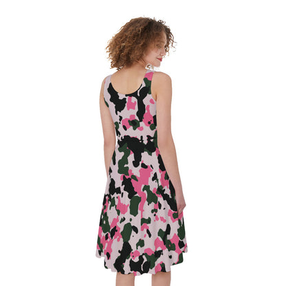 Pink Green And Black Camouflage Print Women's Sleeveless Dress