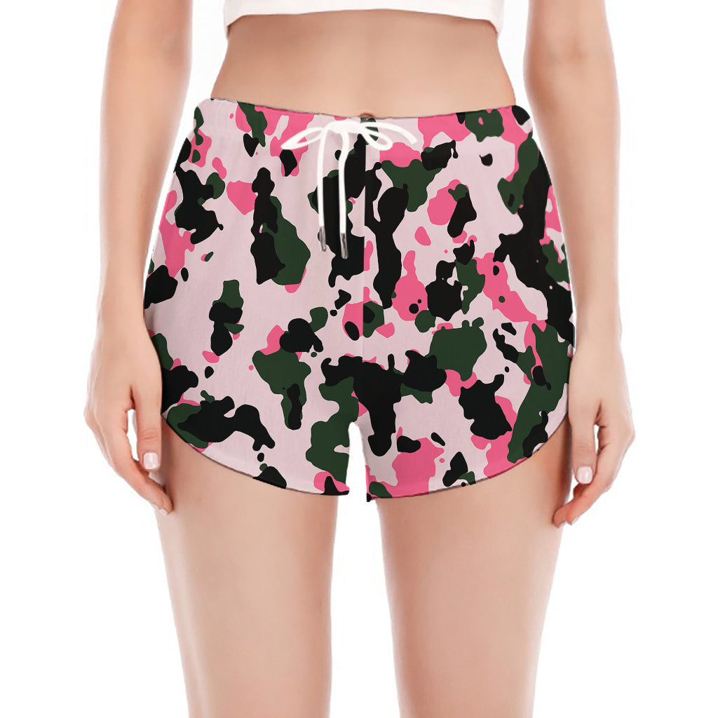 Pink Green And Black Camouflage Print Women's Split Running Shorts