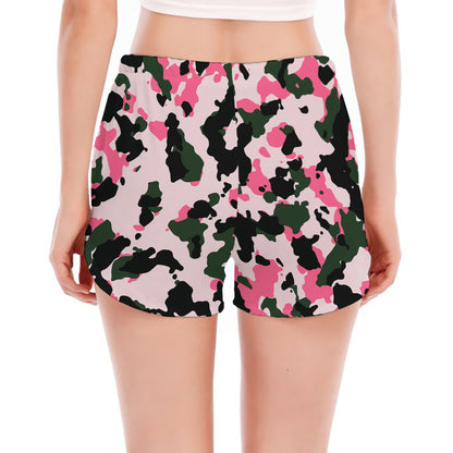 Pink Green And Black Camouflage Print Women's Split Running Shorts