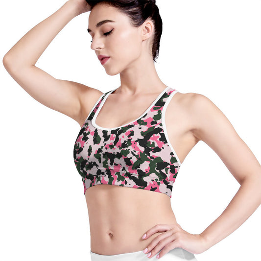 Pink Green And Black Camouflage Print Women's Sports Bra