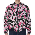 Pink Green And Black Camouflage Print Zip Sleeve Bomber Jacket