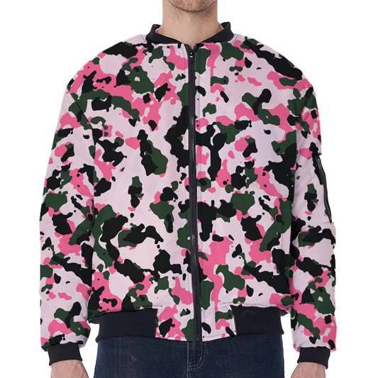 Pink Green And Black Camouflage Print Zip Sleeve Bomber Jacket