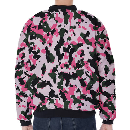 Pink Green And Black Camouflage Print Zip Sleeve Bomber Jacket