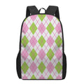 Pink Green And White Argyle Print 17 Inch Backpack