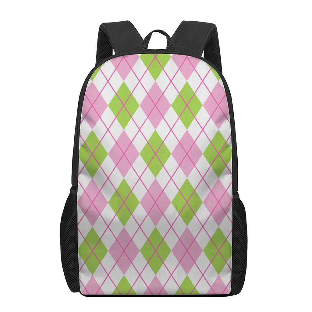 Pink Green And White Argyle Print 17 Inch Backpack