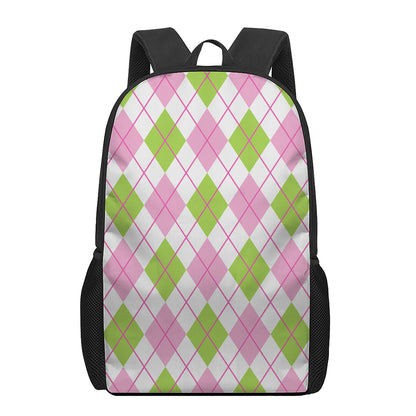 Pink Green And White Argyle Print 17 Inch Backpack