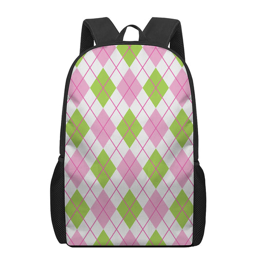 Pink Green And White Argyle Print 17 Inch Backpack