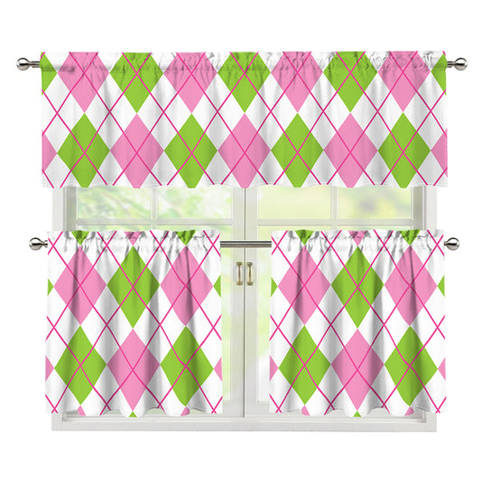 Pink Green And White Argyle Print 3 Piece Kitchen Curtains