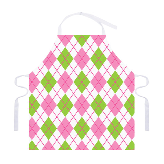 Pink Green And White Argyle Print Adjustable Apron