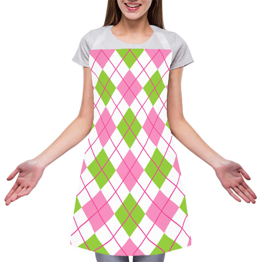 Pink Green And White Argyle Print Adjustable Apron