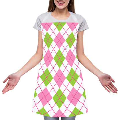 Pink Green And White Argyle Print Adjustable Apron